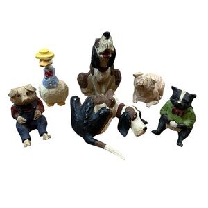 6 Carved Resin Animals Pigs Goose Badger + Tom Wolfe Hound Dogs Signed Vintage